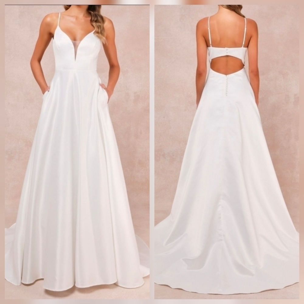 Lulu's White Satin A-Line Wedding Dress with Spaghetti Straps